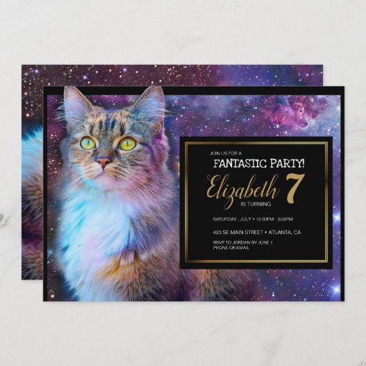 Paarse Kat Feest Uitnodiging (Voorkant / Achterkant)