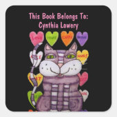 Paarse kat groene ogen Snoep hart met Gezegden Vierkante Sticker (Voorkant)