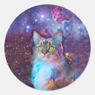 Paarse kat in de ruimte ronde sticker
