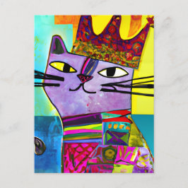Paarse kat in een Crown Mixed Media Collage Briefkaart