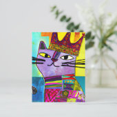 Paarse kat in een Crown Mixed Media Collage Briefkaart (Staand voorkant)
