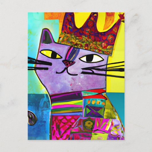 Paarse kat in een Crown Mixed Media Collage Briefkaart (Voorkant)