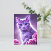 Paarse kat, Lavender genaamd, met rozen Feestdagenkaart (Staand voorkant)