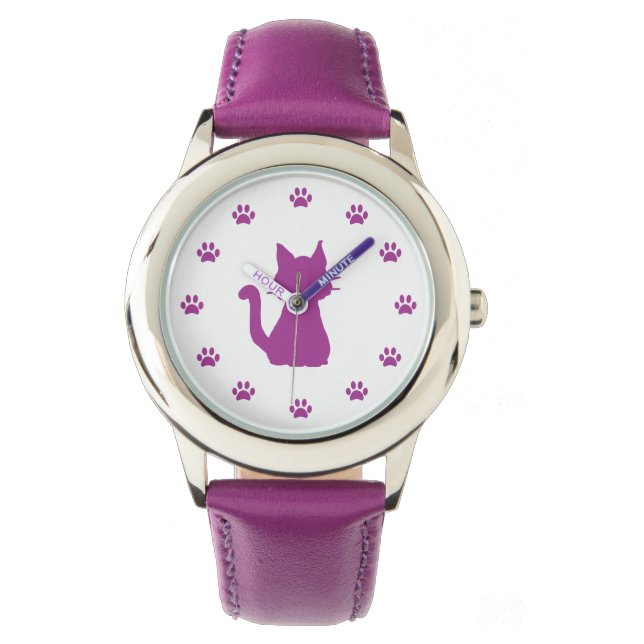Paarse kat Silhouette met poten als getallen Horloge (Voorkant)