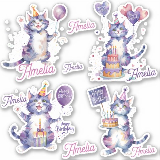 Paarse katten Happy Birthday gepersonaliseerd Sticker (Voorkant)