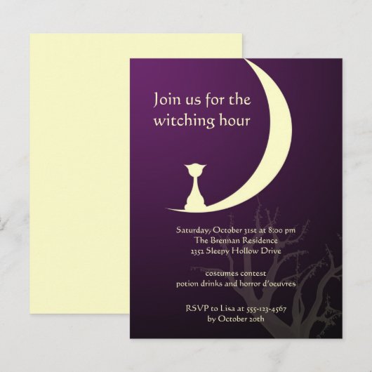 Paarse kattenmaan spooky Halloween uitnodigingskaa Uitnodiging Briefkaart (Voorkant / Achterkant)