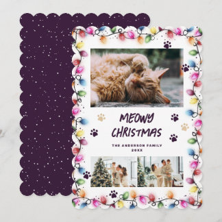 Paarse Kattenpoten Kerstlichten Foto Meowy Feestdagenkaart