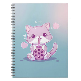 Paarse Kawaii Kat Drink Boba Theenota Boek Notitieboek