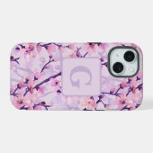 Paarse kersenbloesem gepersonaliseerd monogram  iPhone 15 case (Achterkant horizontaal)