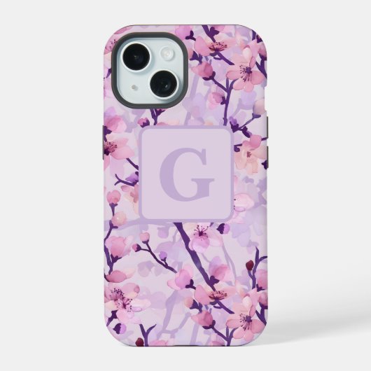 Paarse kersenbloesem gepersonaliseerd monogram  iPhone 15 case (Achterkant)