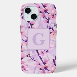 Paarse kersenbloesems gepersonaliseerd monogram iPhone 15 case