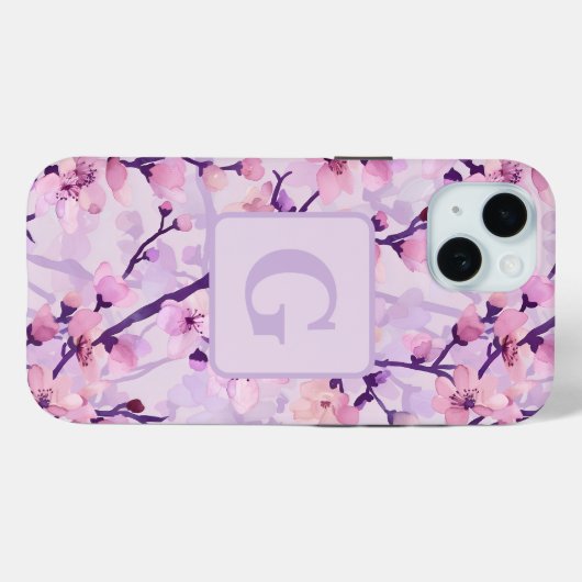 Paarse kersenbloesems gepersonaliseerd monogram Case-Mate iPhone case (Achterkant (horizontaal))