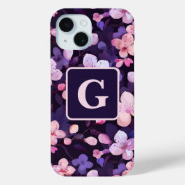 Paarse kersenbloesems gepersonaliseerd monogram iPhone 15 case