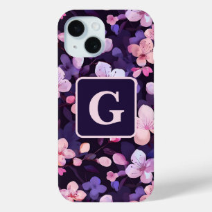 Paarse kersenbloesems gepersonaliseerd monogram iPhone 15 case