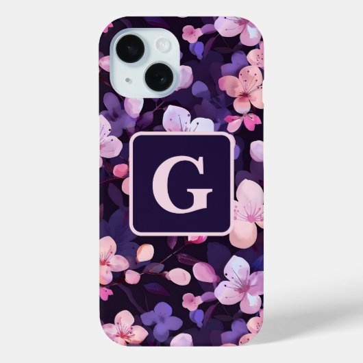 Paarse kersenbloesems gepersonaliseerd monogram Case-Mate iPhone case (Achterkant)