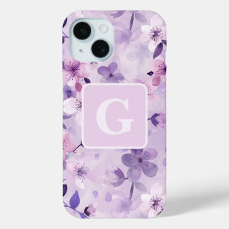 Paarse kersenbloesems gepersonaliseerd monogram iPhone 15 case