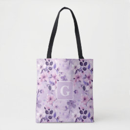 Paarse kersenbloesems gepersonaliseerd monogram tote bag