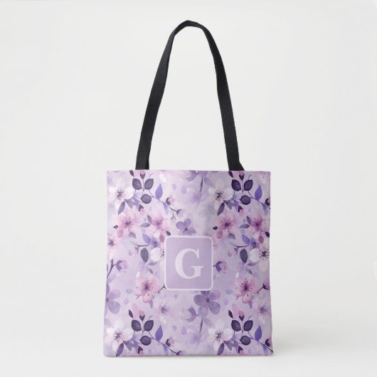 Paarse kersenbloesems gepersonaliseerd monogram tote bag (Voorkant)