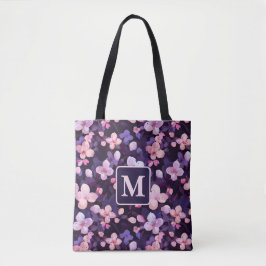 Paarse kersenbloesems gepersonaliseerd monogram tote bag