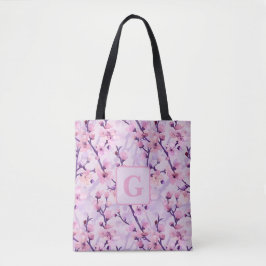 Paarse kersenbloesems gepersonaliseerd monogram tote bag