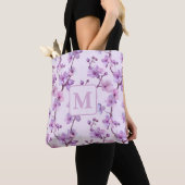 paarse kersenbloesems gepersonaliseerd monogram tote bag (Dichtbij)