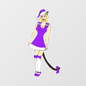 Paarse kerst catgirl raamsticker (Vel)