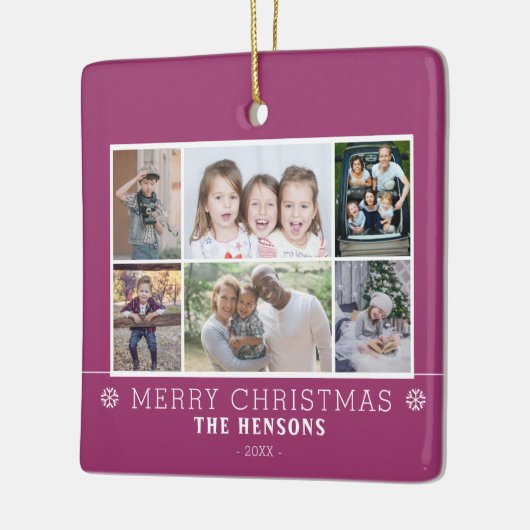 Paarse kerst familie 6 foto collage keramisch ornament (Links)