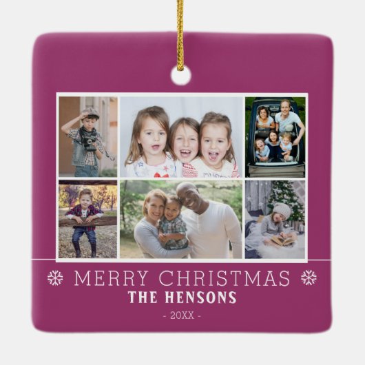 Paarse kerst familie 6 foto collage keramisch ornament (Achterkant)