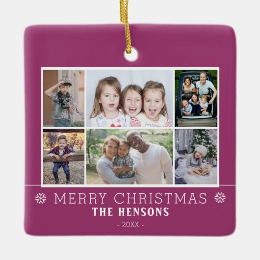 Paarse kerst familie 6 foto collage keramisch ornament (Voorkant)