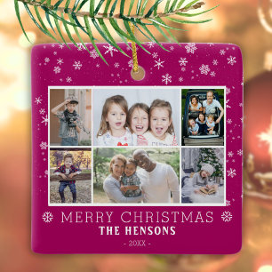 Paarse kerst familie 6 foto collage keramisch ornament