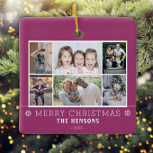 Paarse kerst familie 6 foto collage keramisch ornament
