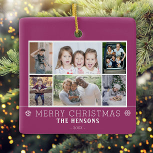 Paarse kerst familie 6 foto collage keramisch ornament
