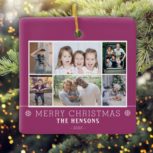 Paarse kerst familie 6 foto collage keramisch ornament