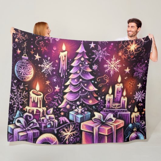 Paarse Kerst Thema Hard Pastel Tekening Fleece Deken (In situ)
