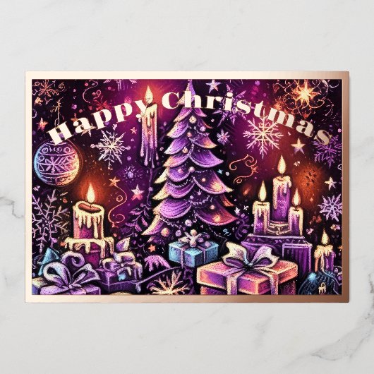 Paarse Kerst Thema Hard Pastel Tekening Folie Feestdagenkaart (Voorkant)