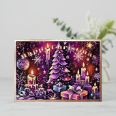 Paarse Kerst Thema Hard Pastel Tekening Folie Feestdagenkaart (Staand Voorkant)
