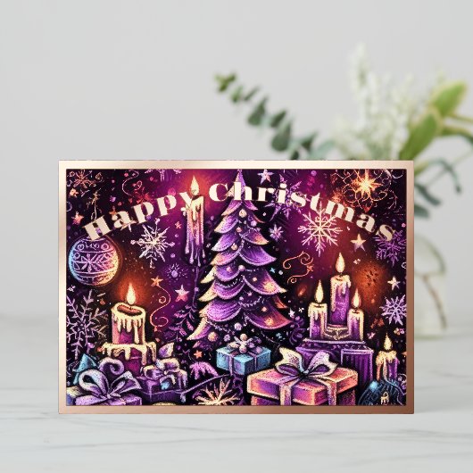 Paarse Kerst Thema Hard Pastel Tekening Folie Feestdagenkaart (Staand Voorkant)
