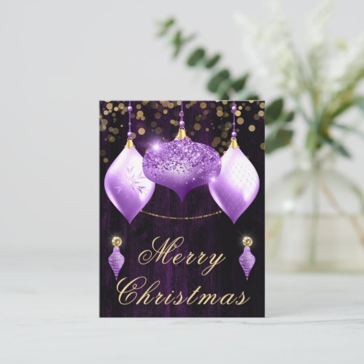 Paarse kerst van Glitter Baubles Feestdagenkaart (Staand voorkant)