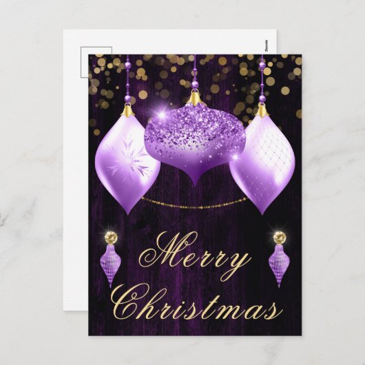 Paarse kerst van Glitter Baubles Feestdagenkaart (Voorkant / Achterkant)