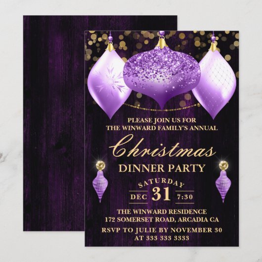 Paarse kerst van Glitter Baubles Kaart (Voorkant / Achterkant)