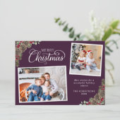 Paarse Kerst Waterverf Botanical 2 Foto Feestdagenkaart (Staand voorkant)