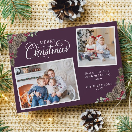 Paarse Kerst Waterverf Botanical 2 Foto Feestdagenkaart