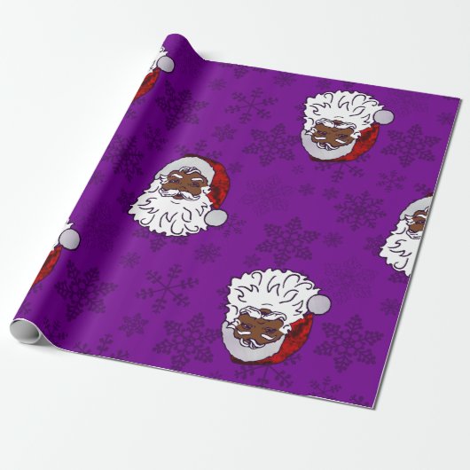 paarse kerst zwart santa sneeuwvlokken cadeaupapier (Uitgerold)