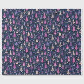 Paarse kerstbomen Sneeuwvlokken Blauw Kerstmis Cadeaupapier (Vlak)