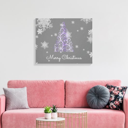 Paarse kerstboom en Snowflakes Canvas afdrukken (Insitu (Woonkamer))