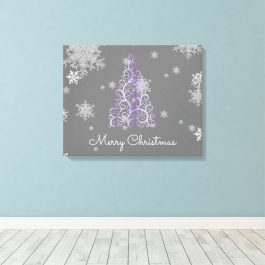 Paarse kerstboom en Snowflakes Canvas afdrukken (Insitu (Houten vloer))