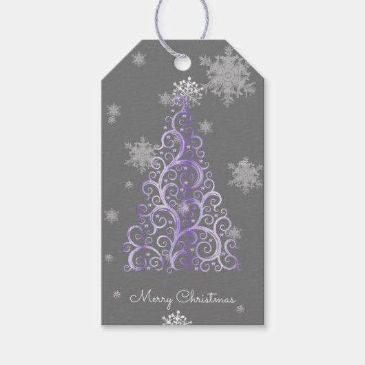 Paarse kerstboom en Snowflakes Gift Label Cadeaulabel (Voorkant)