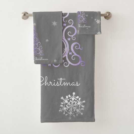 Paarse kerstboom en snowflakes handdoekset bad handdoek (Insitu)