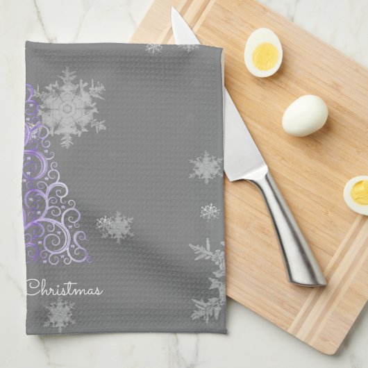 Paarse kerstboom en Snowflakes Kitchen Towel Theedoek (Quarter Fold)