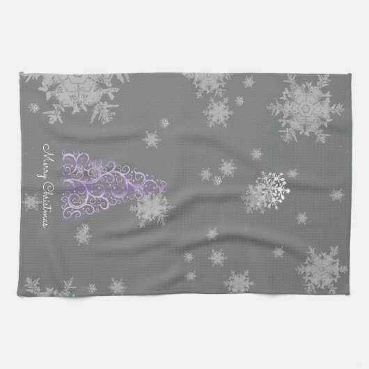 Paarse kerstboom en Snowflakes Kitchen Towel Theedoek (Horizontaal)
